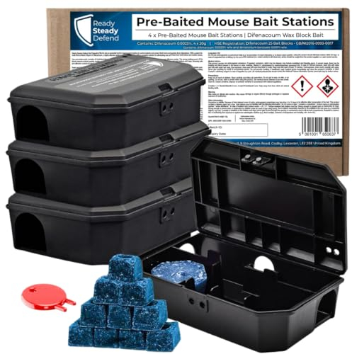 Pre Baited Mouse Boxes (Pack of 4) Effective Indoor Mouse Trap Boxes - Mice Poisoning Solutions, Convenient Control, Ideal Rodent Traps for Indoors, Preloaded Mouse Killer Complete with Key