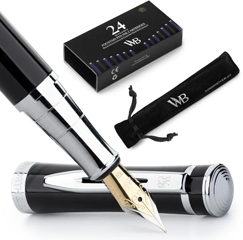 Wordsworth & Black Set penna stilografica, pennino extra fine, include 24 cartucce d'inchiostro, convertitore di ricarica inchiostro e custodia regalo, finitura cromata, calligrafia, [cromo nero]