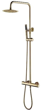Aloni® Regendusche Duschset mit Brausestangenset - Thermostat-Duschsystem mit Handbrause & Kopfbrause - Edelstahl & Messing - Rund - Gold Gebürstet - Höhenverstellbar & Anti-Kalk