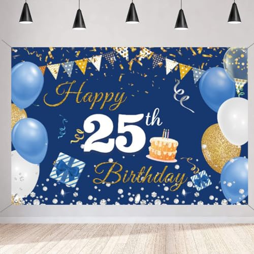 25. Geburtstag Deko Männer 25 Birthday Geburtstagsfeier Hintergrund Banner | Blau 25. Geburtstag Stoff Schild Plakat Banner Mann, Happy 25th Birthday Wand Deko Tisch Deko Photo Backdrop 150x 90cm