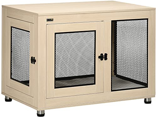 PawHut Hundekäfig Möbel mit 2 Türen waschbaren Kissen Moderne Stahl Hundebox für Zuhause Indoor Hundehütte für große Hunde bis zu 30 kg Hundehaus 94x60x71,5 cm Eiche