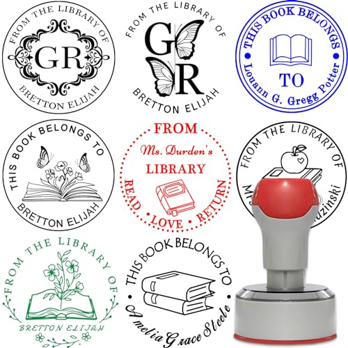 GBVllexuii Personalisierter Buchpräger, personalisierter Stempel, Bibliotheksbuchprägung, Siegelstempel, Text, Logo, Visitenkarten, Papier, Notizbuch, 4 Farben erhältlich