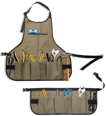 Realand 14 Pockets Tool Apron + 13 Pockets Waist Tool Belt, Sturdy Oxford Work Apron Vest for Carpenter Garden Woodworker Shop, Woodworking Aprons for Men Women, Khaki