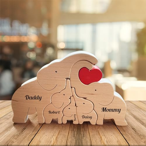 Drawelry Personalisiert Elefanten Statue Holzpuzzle mit 2–8 Namen Gravur Holz Tierskulptur Handwerk Elefant Puzzle Dekoration Geburtstag Weihnachte Geschenke für Familie Freunde Paare Papa Mama (A6)