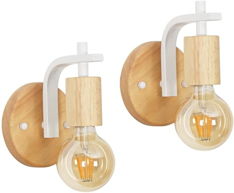 DELIPOP 2 Stück Wandleuchte Innen, Wandlampe Weiß aus Holz und Metall, Retro Wandbeleuchtung mit E27 Fassung für Innen Flur, Wohnzimmer, Schlafzimmer, Küche, Treppen