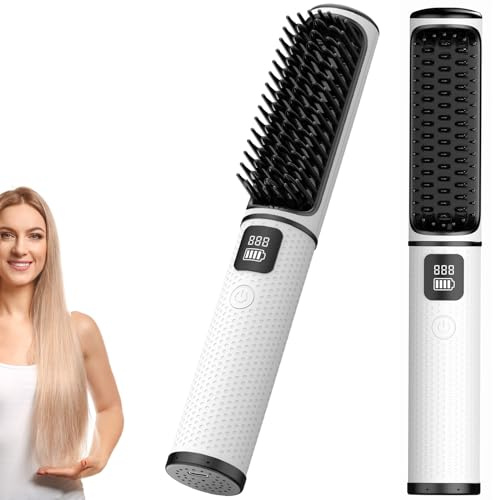 OBEST Drahtlose Glättbürste,Mini Glätteisen Haarglätter Bürste,Tragbarer Flauschiger Kamm für Frauen,2 in 1 Glatte Haarbürste,Mit 4 Einstellbaren Temperaturen,140° C-200° C