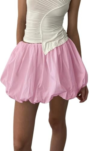 FENXIXIONE Donna Estate Carino Mini gonne a bolle Gonna corta a balze A pieghe Orlo a balze Gonna a palloncino per ragazza adolescente (S,Rosa)