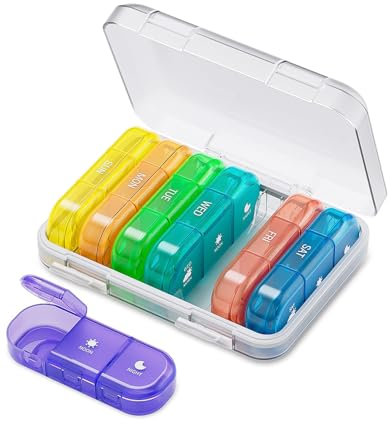 ONTERATE Wochen Tablettenbox für 3-mal Täglich, Große Pillenbox für 7 Tage, Tragbare, Feuchtigkeitsgeschützte Pillendose mit 21 Fächern, Reise Tablettenbehälter für Vitamine (Bunt)