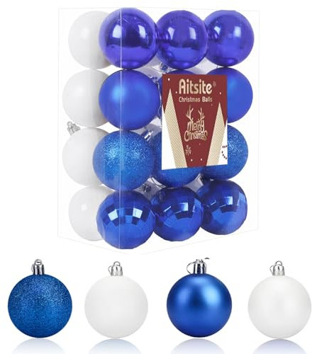 24 Stück Weihnachtskugeln Weiß/Blau, 6CM Christbaumkugeln Kunststoff Bruchsicher Weihnachtsbaumkugeln Christbaumschmuck Christbaumkugeln für Weihnachtsbaum Neujahr Festival Ornamente