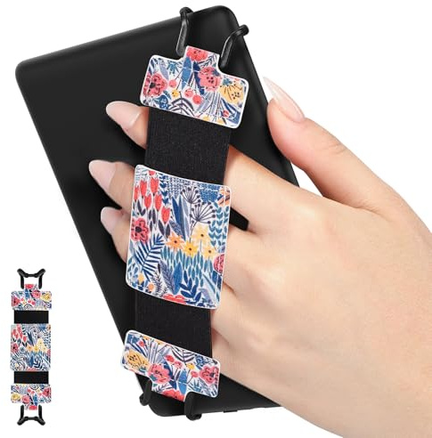 MoKo Soft Hand Strap for 6-8 eReaders Fire Tablet Kindle/Kobo/Voyaga/Lenovo/Sony Kindle E-Book Tablet, High-Elasticity Versatile Hand Strap Lightweight Finger Grip Holder, Blue Leaf Flower