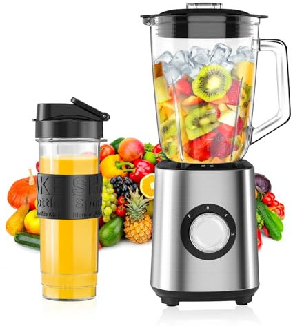 Blender Mixeur 700 W, 2-in-1 Blender Smoothie Professionnel avec Bol verre 1,5 L & Tasse 570ml, Robots Multifonctions pour Smoothie, 2 Réglages de Vitesse, pour Smoothies, Shakes, Aliments pour Bébés