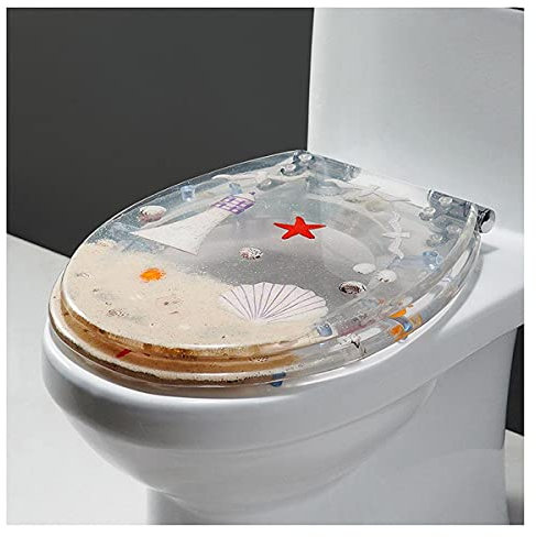 Toilettensitzbezug mit Delfin, Seestern, echten Muscheln und Sanden, 3D-Effekte, Ozean-Serie, Kunst, langsam schließend, Kunstharz-Toilettendeckel für U/V/O-Typ WC