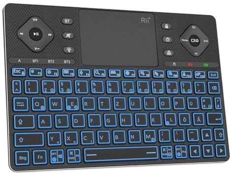 Rii Bluetooth Tastatur mit Touchpad Groß, Multimedia Tastatur mit 12 Farben Beleuchtete für Android TV,Projector,HTPC,Smart TV,Tablet,iPad,PC,Laptop-Deutsch Layout, Schwarz