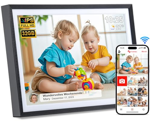 Digitaler Bilderrahmen WLAN 10,1 Zoll, 1280 x 800 HD IPS-Touchscreen Elektronischer Bilderrahmen mit 32 GB Speicher, Automatische Drehung, Teilen von Fotos oder Videos überall über Frameo App