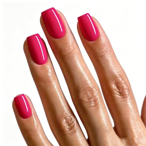 MouyouGlow Press on Nails Kurz,Squoval Light Deep Neon Rosa Einfarbige Glossy Fake Nails Kunstnägel mit Nagelkleber,Rose Pink Color Solid Künstliche Fingernägel