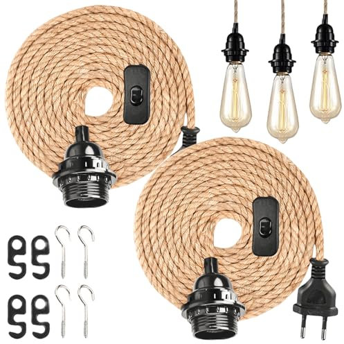 Portalámparas E27 con cable, 2 unidades de 4,5 m, casquillo E27 trenzado con cable, lámpara colgante vintage, portalámparas con interruptor, cable de cáñamo, cuerda de cáñamo, para comedor, salón,