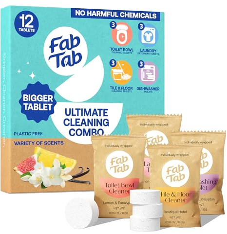 Fab Tab - Household Cleaning Tablets - 100% Plastic Free, 12 Tablets. Power Clean Toilet, Dishes, Laundry & Floors (3 tablets) Enzyme Powered, No Harmful Chemicals, Tough on Dirt, Safe for Kids & Pets