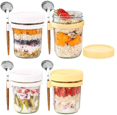 Havregrynsbehållare med lock och skedar, nattliga glasburkar, murarburkar för havre, läckagesäker natt, för flingor, frukt, grönsaker, mjölk, sallad, yoghurt, måltidsberedning (C)