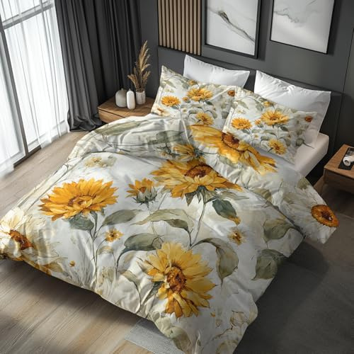 Generisch Bettwäsche 135x200 Sonnenblumen Design, 2teilig - Rustikal Blumen Floral Bettbezug und 1 Kissenbezug 80x80, Wendebettwäsche, Schlafzimmer Deko, Mikrofaser, mit Reißverschluss kJIl-6