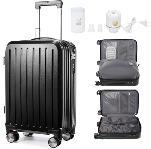 WEPOET Valigia Trolley Sottovuoto Bagaglio a Mano, Viaggio Valigia Sottovuoto con Pompa, Rigida Bagaglio Sistema di Compressione a Vuoto e 4 Ruote Rotanti, Carry On Luggage(Nero)