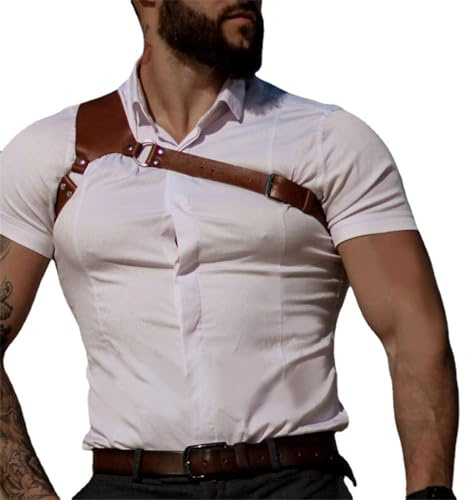 Ruarby Harnais de poitrine pour homme - Style punk gothique - En cuir synthétique - Sangle d'épaule - Pour fête, cosplay, club, costume en cuir, marron, taille unique