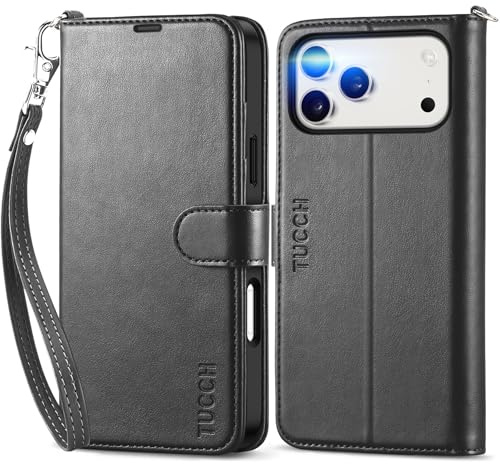 TUCCH Custodia per iPhone 17 Pro Max 6,9-pollici 5G 2025 [Blocco RFID] Portafoglio | Cover Pelle Sintetica TPU Antiurto Slot Schede Libro Protezione Integrale Chiusura Magnetica, Nero con Cinturino