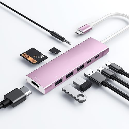 USB C HUB für iPad Pro 9-in-1 Adapter iPad Pro M4 M2 M3 M1,iPad Air Mini Dockingstation mit 4K60Hz HDMI, USB-C PD, SD/TF Kartenleser, USB 3.0, 3,5-mm-Kopfhöreranschluss, Typ C Daten (901 Pink)
