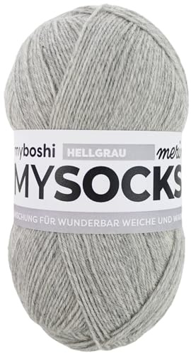 myboshi mysocks Merino, extra weiche 4-fädige Merino-Sockenwolle, 75% Schurwolle, 25% Polyamid, filzfrei, 100g, 420m Hellgrau, 1 Knäuel