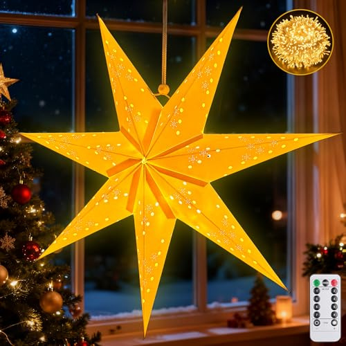 Papiersterne zum Aufhängen,45cm LED Papierstern Beleuchtet zum Aufhängen,Weihnachten mit Timer und 8 Beleuchtungsmodi,Weihnachtsstern Beleuchtet,Papierstern Weihnachten,Sterne Papier zum Fensterdeko