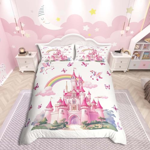 Homemissing Girls Cute Unicorn Duvet Cover Set King Size For Kids Boys Girls Fairy Castle Bedding Set Magical Unicorn Duvet Cover with 2 Pillowcases Dreamy Horse Printed Bedding