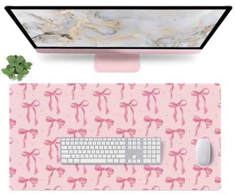 Pink Desk Mat with Bows, Cute Bow Mouse Pad for Computer Laptop PC Non-Slip Rubber Base Gaming Keyboard Pad, Large Office Mat Girly Décor Office Supplies Accessories for Teen Girls Women 31.5 x 15.7in