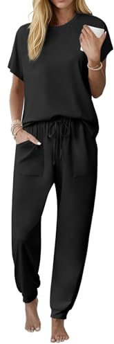 Ekouaer Womens Pajama Sets Short Sleeve Pj Top With Jogger Pants Cotton Pajamas 2 Piece Lounge Set with Pocket Black 2XL