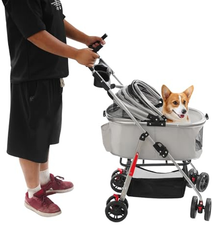 Poussette pliable pour chat - Avec panier amovible - 60 x 33 cm et capacité de charge 12 kg - Multifonction moderne - Pliable - Pour animaux de compagnie - Gris