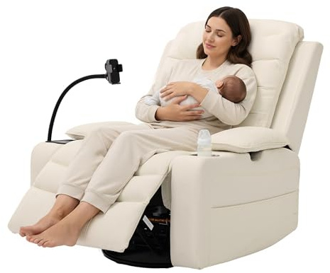 Holaki Rocking Chair Nursery, Oversized Glider Recliner Nursery Chair Swivel Reading Chair with Heated Lumbar Support Smart Cup Holder and Fast-Charging Phone Mount for Breastfeeding(Beige)