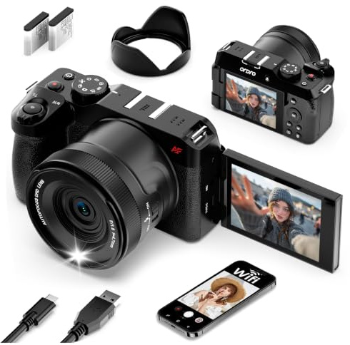 ORDRO 5K Digital Cameras for Photography, 64MP Digital Camera with 18X Digital Zoom, 270°Flip Screen, Lens Hood,2 Batteries, WiFi, Compact Travel Vlogging Camera for Beginners