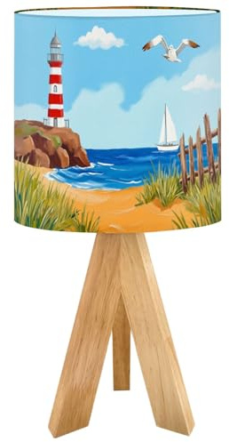 Tripod Bedside Table Lamp for Bedroom Coastal Lighthouse Sailboat Seagull Sandy Beach Ocean Waves Nightstand Lamps Desk Lamp with Linen Fabric Shade for Nursery Room Living Room Kids Room
