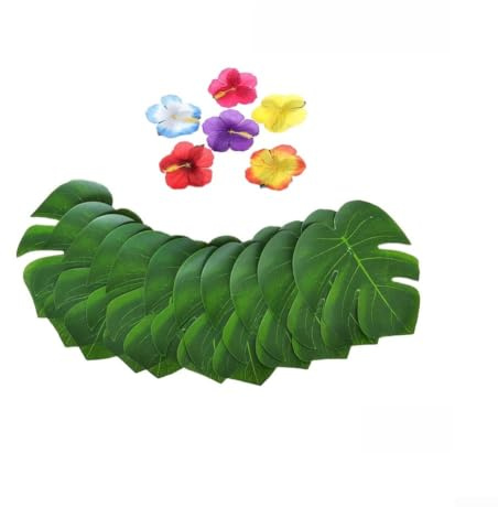 SiSinkal Confezione da 30 foglie di monstera artificiali e 24 fiori di ibisco, realistiche in plastica, per decorare le pareti della casa e le feste