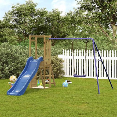 Runheo Spielturm aus kesseldruckimprägniertem Kiefernholz mit Wellenrutsche, Einzelschaukel, Felswand und Sandkasten, 237 x 321 x 169 cm, für 3 bis 8 Jahre, Garten Spielplatz