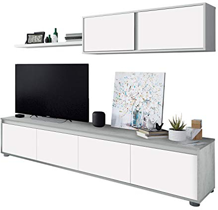 Habitdesign Mueble de Salon Moderno, Modulos de Comedor, Modelo Alida, Acabado en Blanco Artik y Gris Cemento, Medidas: 200 cm (Ancho) x 43 cm (Alto) 41 cm (Fondo)