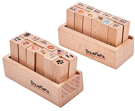 WANDIC Mini sello de goma de madera, 24 piezas, 2 sellos temáticos diferentes con caja de madera para manualidades, tarjetas y álbumes de recortes