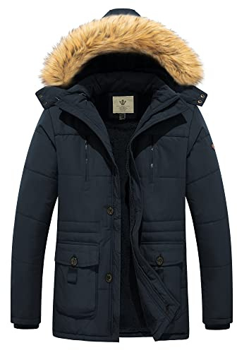 WenVen Homme Duffle Coat Doublure Polaire Manteau Chaud en Coton Manteau à Capuche Détachable Veste Hiver Parka Militaire Slim Fit Bleu Marine M