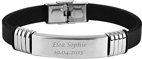 Hanessa Personalisiertes Armband mit Gravur für Männer und Frauen Edelstahl Leder schwarz silber Länge 21 cm | Personalisierte Armbänder mit Namen Herren Damen
