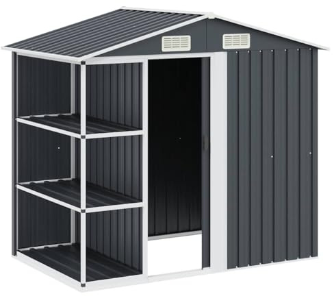 vidaXL Cobertizo de Jardín con Estantería Caseta Cabaña Almacenamiento Troncos de Jardín Terraza Exterior al Aire Libre Hierro Antracita