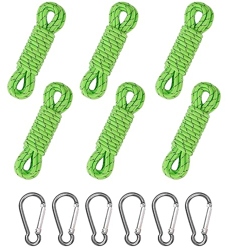 6 Stück 4mm Reflektierende Abspannseile für Zelt, Leuchtend Spannschnur Abspannleine,für Camping Wandern Markisenzelte 13 Fuß Grün + 6 Stück Karabinerhaken Silber