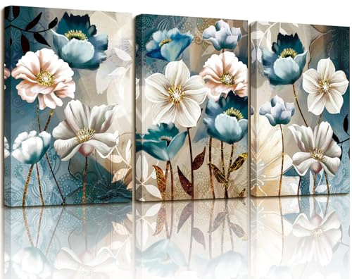 SERIMINO 3 Piece Lotus Flower Canvas Wall Art for Living Room, Blue Floral Picture Wall Decor for Dining Room Bedroom, Art Print Painting for Home Decorations 12X16