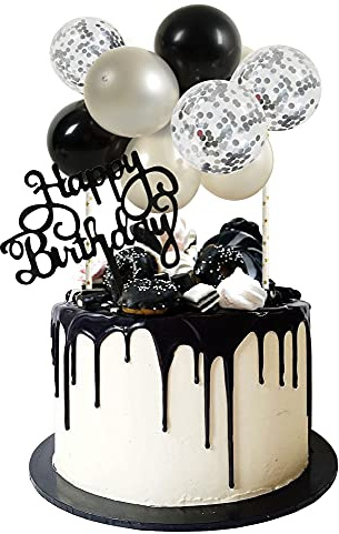 Silver Black Balloon Cloud Cake Topper 5 Inch 10pcs Transparent Metallic Confetti Mini Balloon Garland Cake Topper with Happy Birthday Letter Topper for Birthday Cake Decorations Wedding Bridal Party