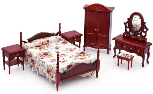 iLAND Wooden Dollhouse Furniture 1/12 Scale, Dollhouse Bedroom Furniture in Mahogany Color incl Dollhouse Bed & Dressing Table & Wardrobe (Classical Miniature Furniture 6pcs)