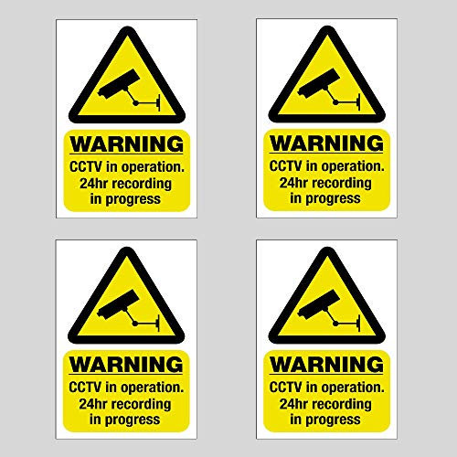 4 Pack of 100 mm x 65 CCTV Camera Security Self Adhesive Reverse Window Sticker Signs - The Image goes Against Glass so it can be seen from Outside Yellow and Black