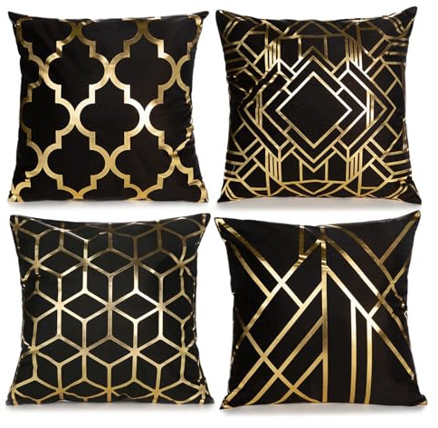 LAPONO Kissenbezug 45x45 4er Set, Kissenbezüge 45x45 Schwarz Gold aus Polyester, Kissenhülle 45x45 mit Goldmuster vorn, Sofakissenbezüge für Couch Wohnzimmer Schlafzimmer Deko, Ohne Füllung
