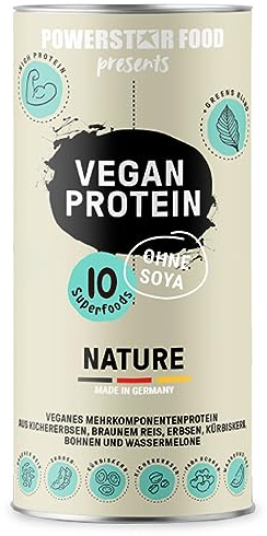 Powerstar Vegan Protein 500g Nature ungesüßt - Protein-Pulver ohne Soja | Mehrkomponenten Eiweißpulver mit 10 Superfoods ergänzt - veganes Proteinpulver - Made in Germany - ohne Aroma